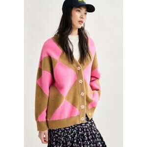 NWT ESSENTIEL ANTWERP Harlequin Pattern Cardigan Flower Buttons Brown Pink XS